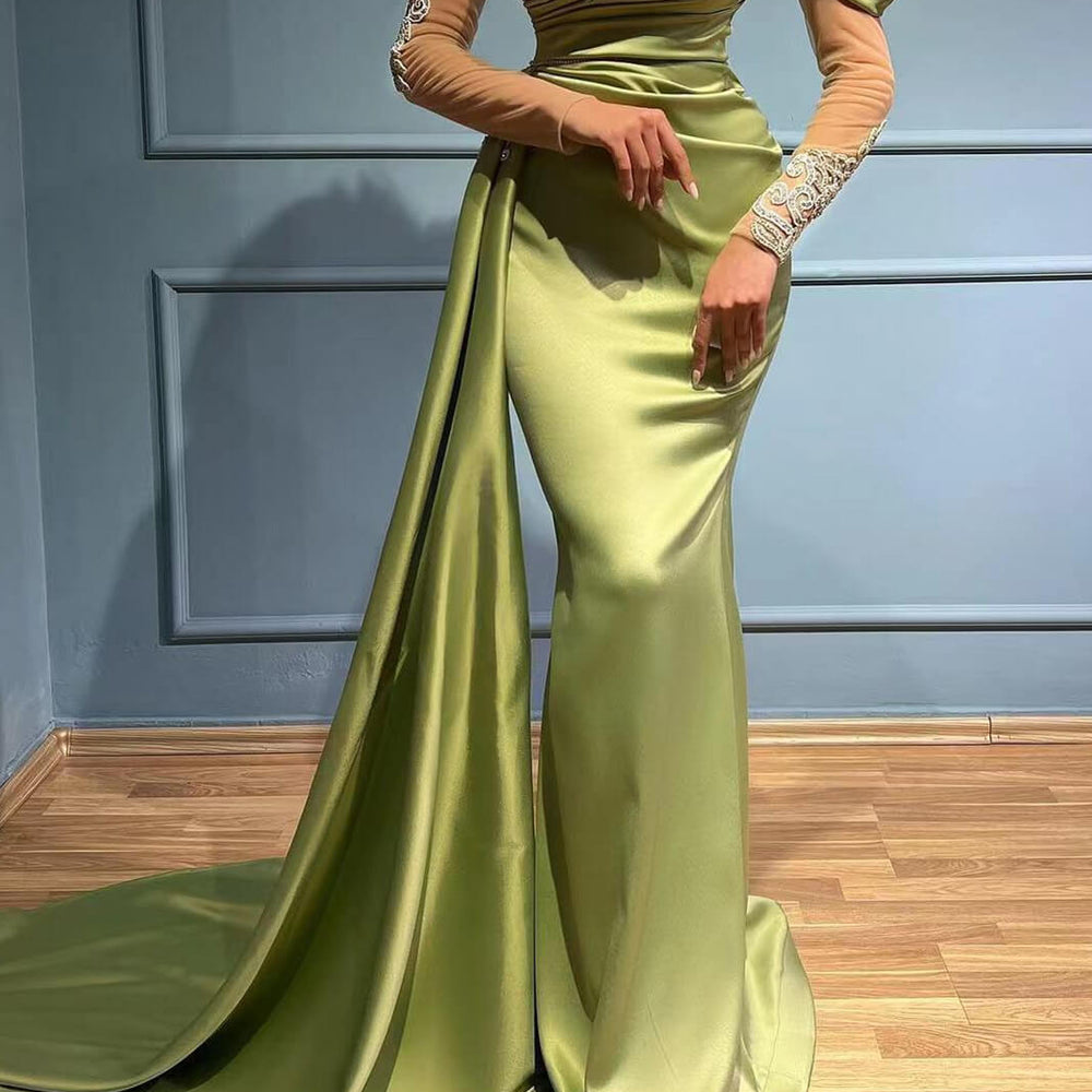 High Neck Mermaid Long Sleeves Appliques Evening Dress Long with Ruffles