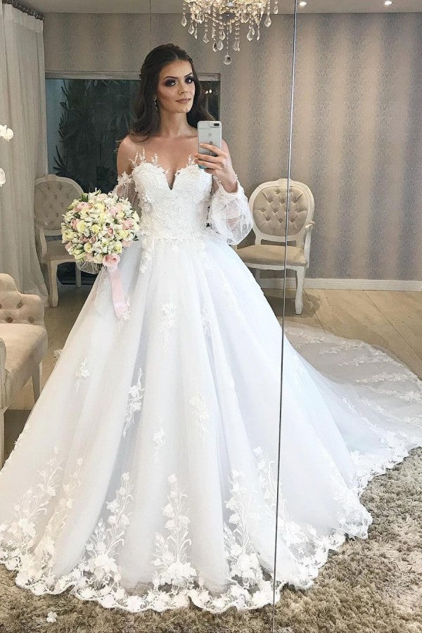 Elegant Long Princess Off-the-Shoulder Wedding Dress with Bubble Sleeves and Tulle