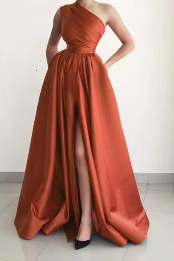 Burnt Orange One Shoulder Elegant Prom Dress A-Line Split with Pockets