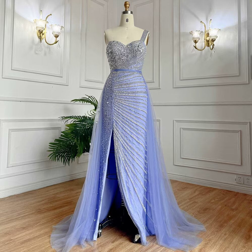 
                      
                        Sleeveless Mermaid Evening Dress with Split, One Shoulder, Sequins, and Tulle
                      
                    