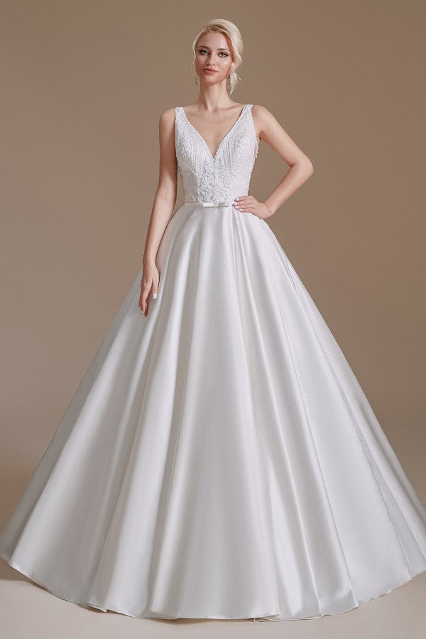 Satin A-Line Wedding Dress Long V-neck With Appliques Lace