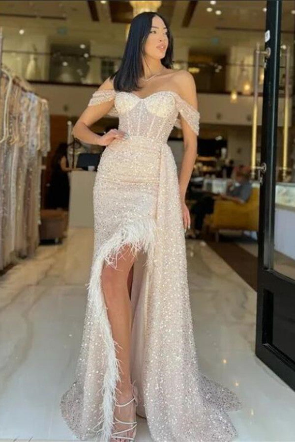 Charming Champagne Off-The-Shoulder Sequined Prom Dress with Feather