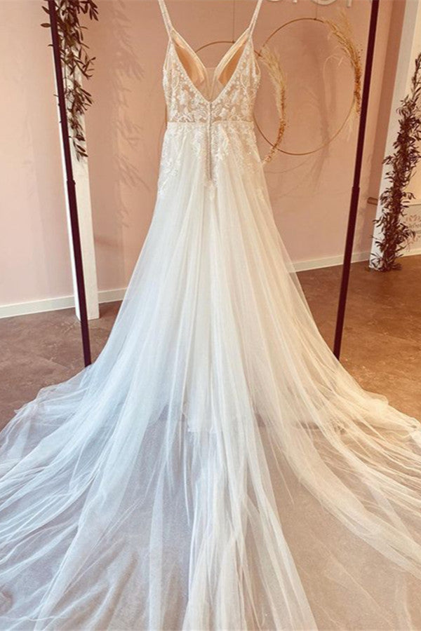 
                      
                        Modest V-Neck Long A-Line Tulle Wedding Dress with Spaghetti Straps and Lace Appliques
                      
                    