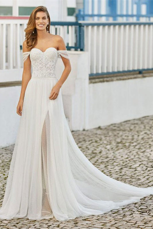 Off-the-Shoulder Lace Wedding Dress with Split