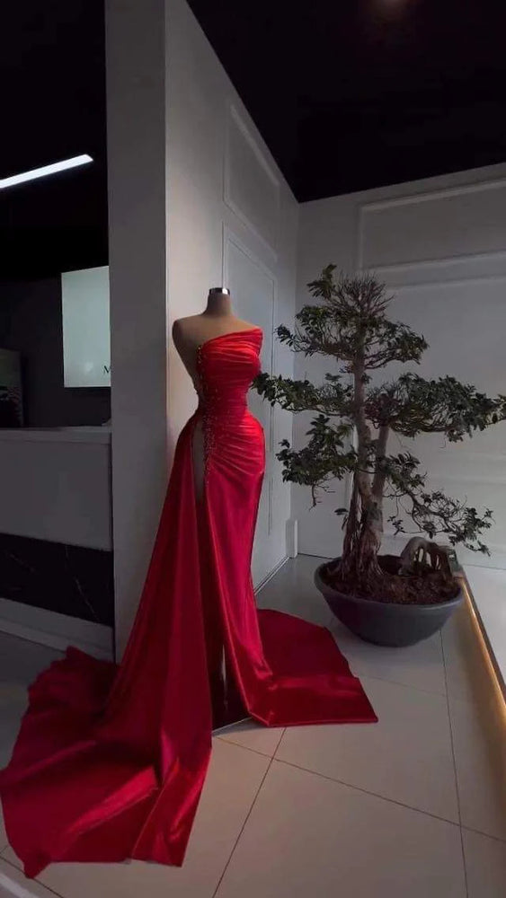 
                      
                        Red Pearl Strapless Prom Dress with Long Slit
                      
                    