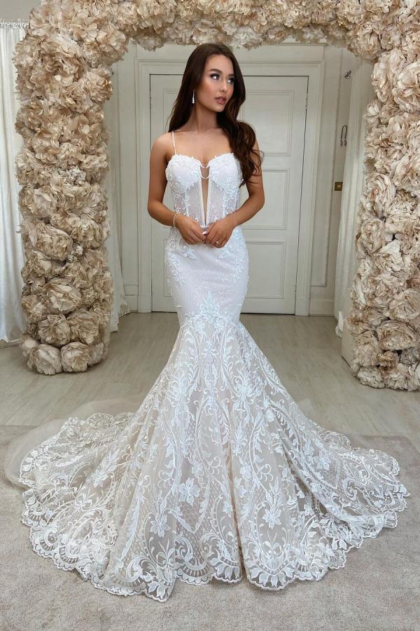 Long Mermaid Sweetheart Spaghetti Strap Wedding Dress with Lace and Backless Design