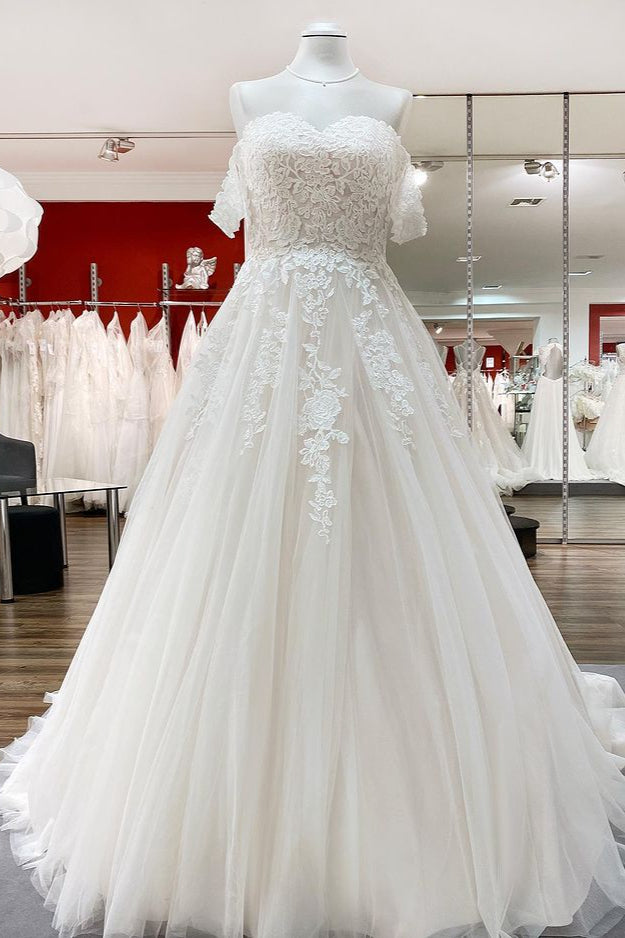 Modest Off-the-Shoulder Princess Wedding Dress with Tulle Lace Ruffles