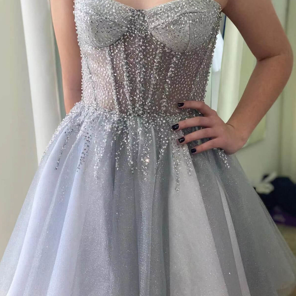 Silver Gray Sleeveless Short Prom Dress with Tulle and Sequins