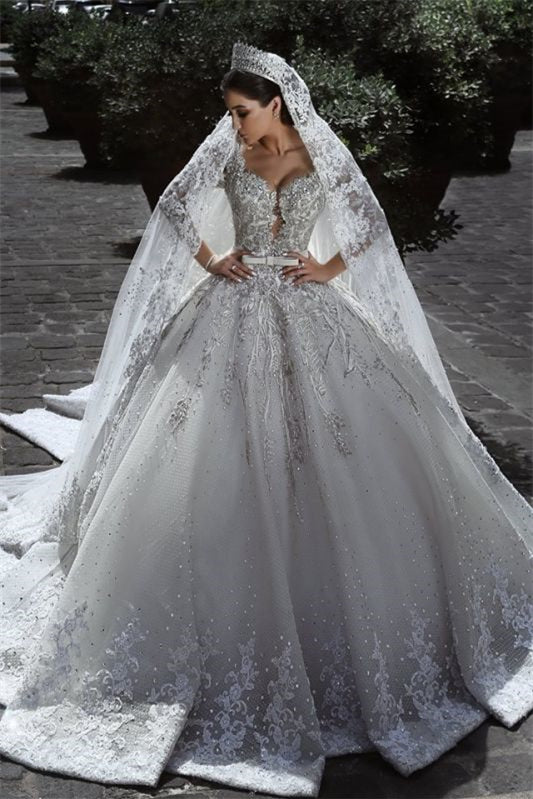 Long Sleeve Ball Gown Wedding Dress with Beaded Lace Appliques