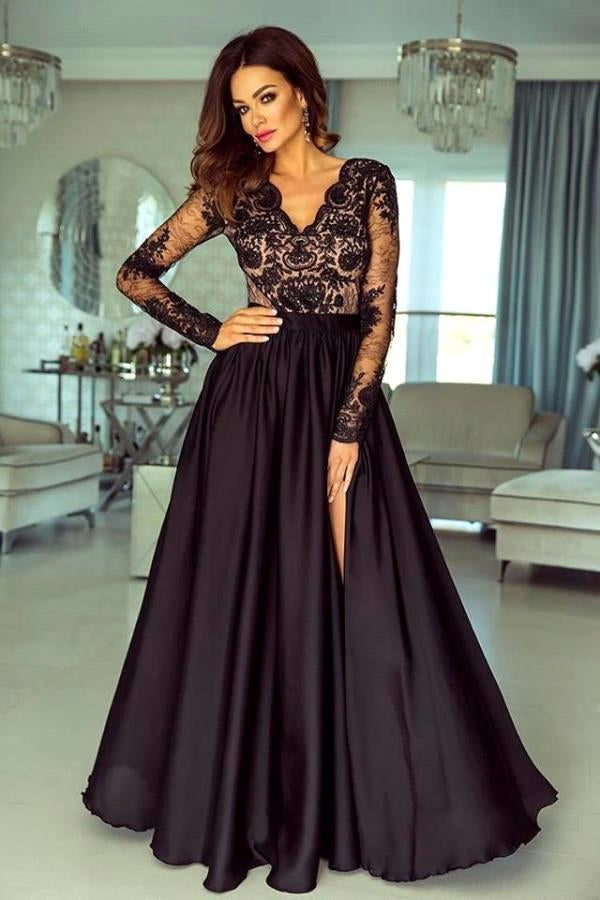 Long Sleeves Black Prom Dress with Split