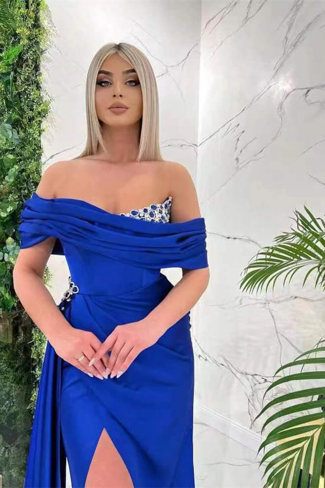 
                      
                        Royal Blue Off-the-Shoulder Mermaid Prom Dress with Ruffles and Split
                      
                    