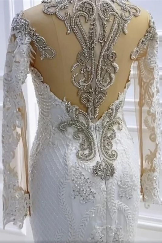 
                      
                        Jewel Neck Long Sleeve Mermaid Wedding Dress with Beading and Appliques
                      
                    