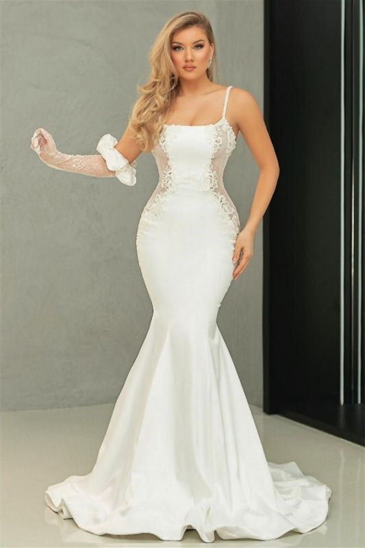 Spaghetti Strap Charmeuse Lace Applique Mermaid Wedding Dress