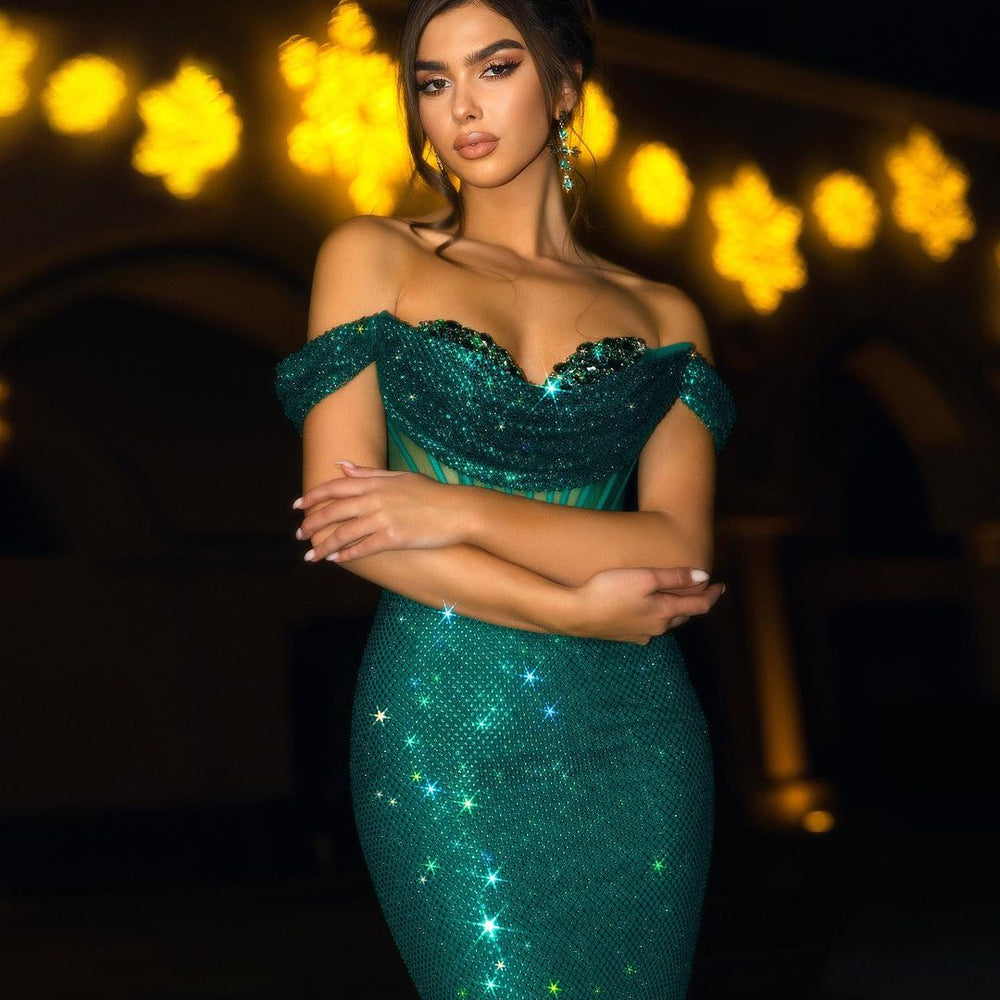 
                      
                        658. Sequins Prom Dark Green Off-the-Shoulder Long Mermaid Gown
                      
                    