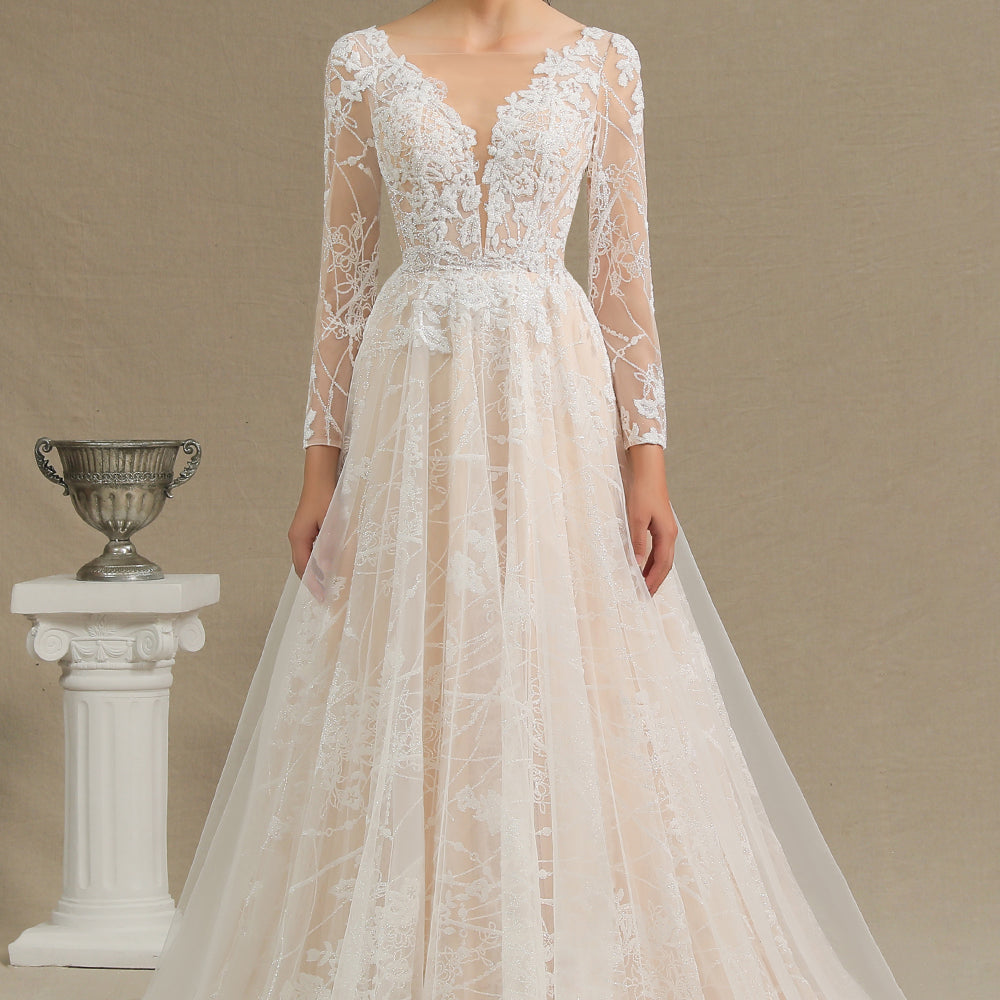 
                      
                        Sheer Long Sleeve A-Line Illusion Tulle Wedding Dress with Lace
                      
                    