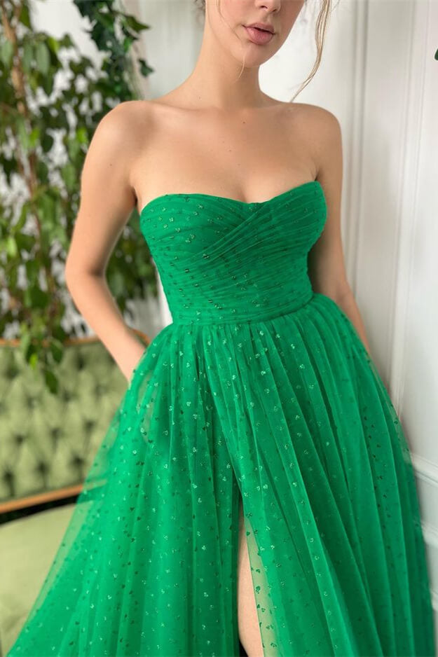 
                      
                        Glamorous Green Sleeveless Sweetheart Tulle Prom Dress with Split
                      
                    