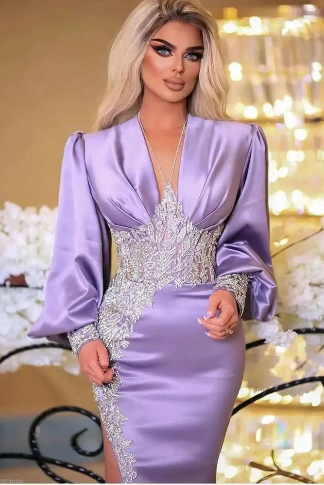 
                      
                        Lilac V-Neck Long Sleeve Mermaid Prom Dress with Split and Appliques
                      
                    