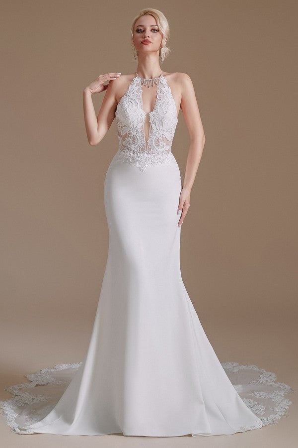 
                      
                        Modest Long Mermaid Halter Backless Satin Wedding Dress with Lace Appliques
                      
                    