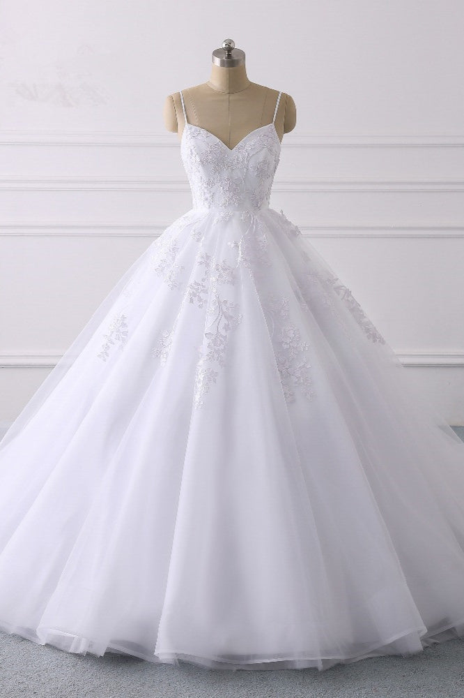 Spaghetti Strap V-Neck Tulle Wedding Dress with Lace Appliques