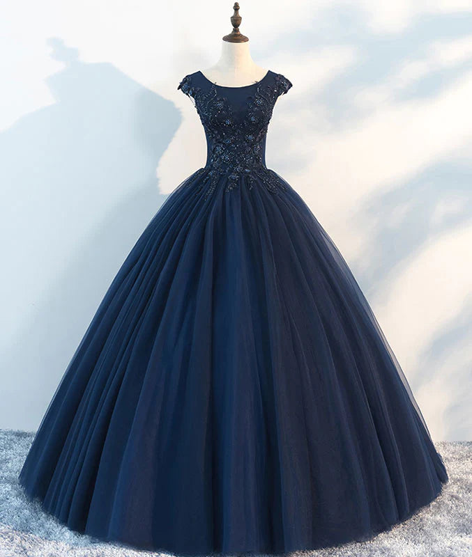 Navy Blue Sleeveless A-Line Lace Printed Prom Dress