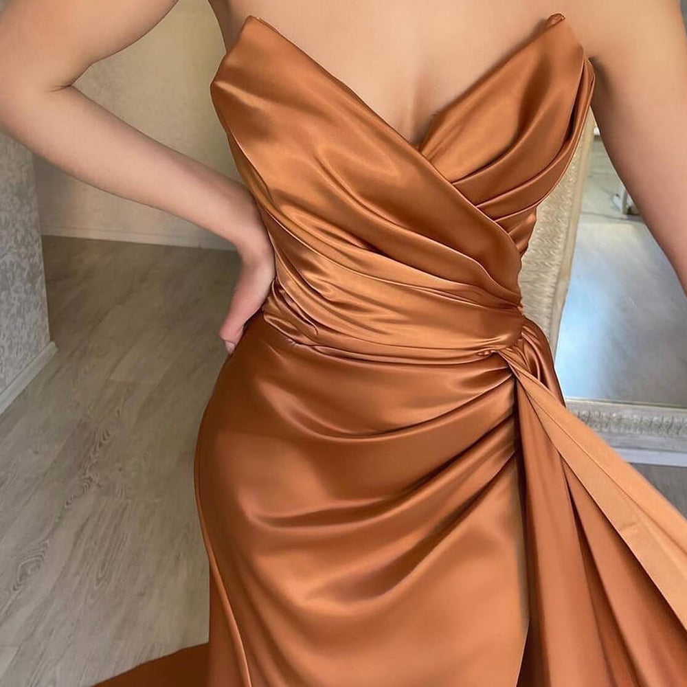 
                      
                        Brown Sweetheart Sleeveless Mermaid Prom Dress with Split and Ruffles
                      
                    