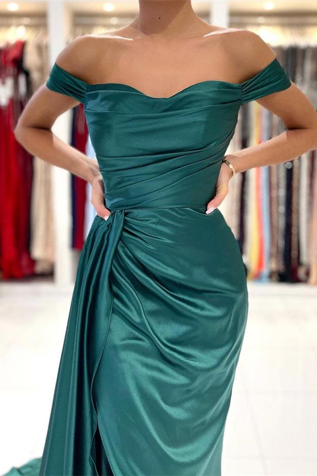 
                      
                        Dark Green Off-the-Shoulder Mermaid Long Prom Dress with Split and Ruffles
                      
                    