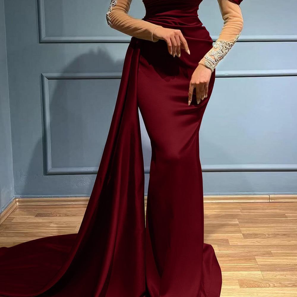 
                      
                        High Neck Mermaid Long Sleeves Appliques Evening Dress Long with Ruffles
                      
                    