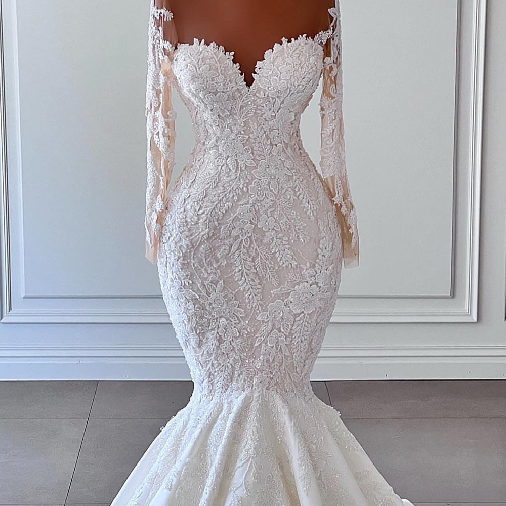 
                      
                        Sweetheart Long Sleeve Mermaid Wedding Dress with Applique
                      
                    