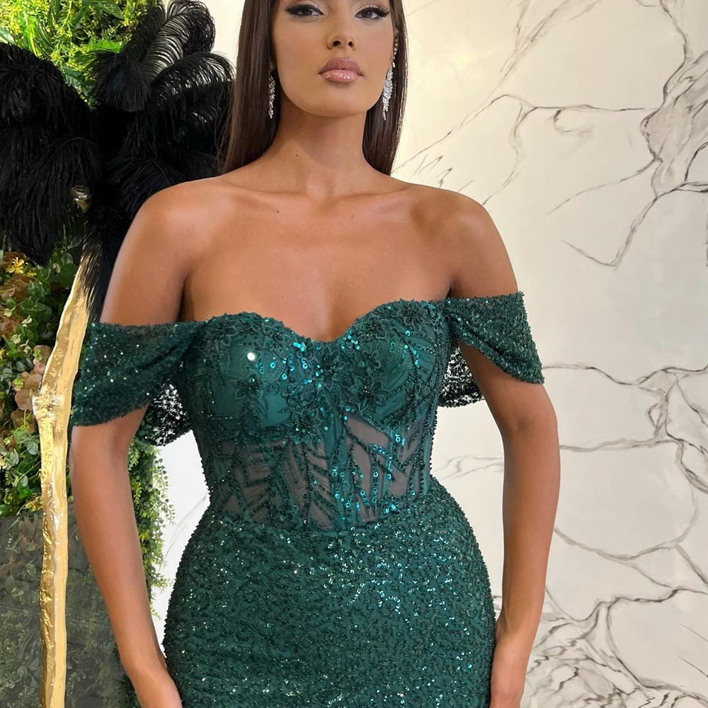 
                      
                        Dark Green Sweetheart Off-The-Shoulder Prom Dress with Appliques and Sequins
                      
                    