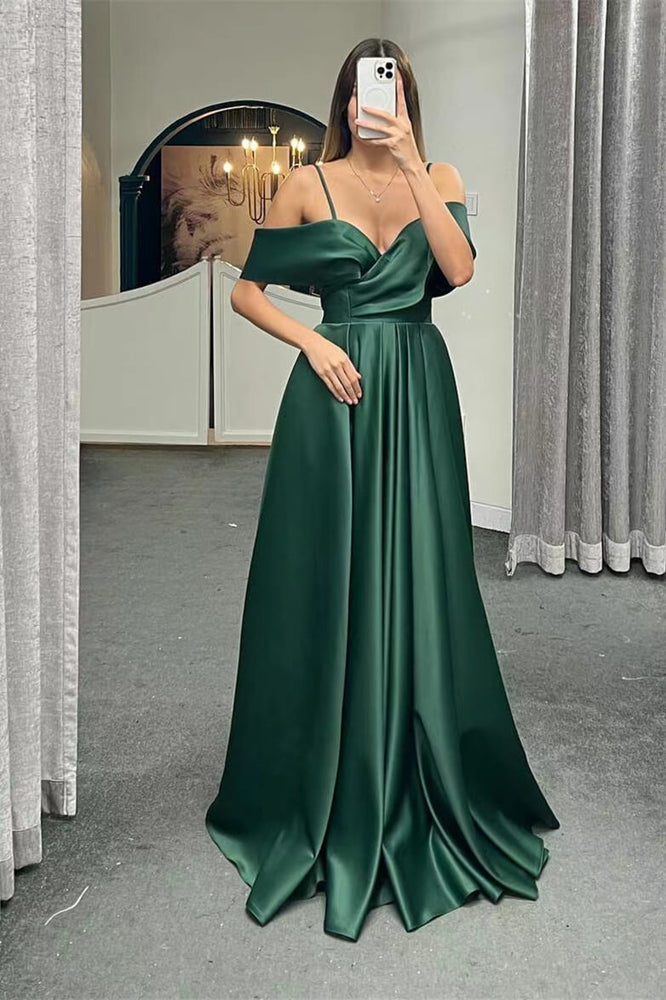 Spaghetti-Strap Off-the-Shoulder A-Line Lace-Up Back Long Evening Dress