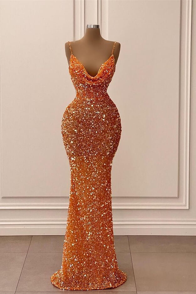 
                      
                        Orange Spaghetti-Straps V-Neck Mermaid Prom Dress with Sequins
                      
                    