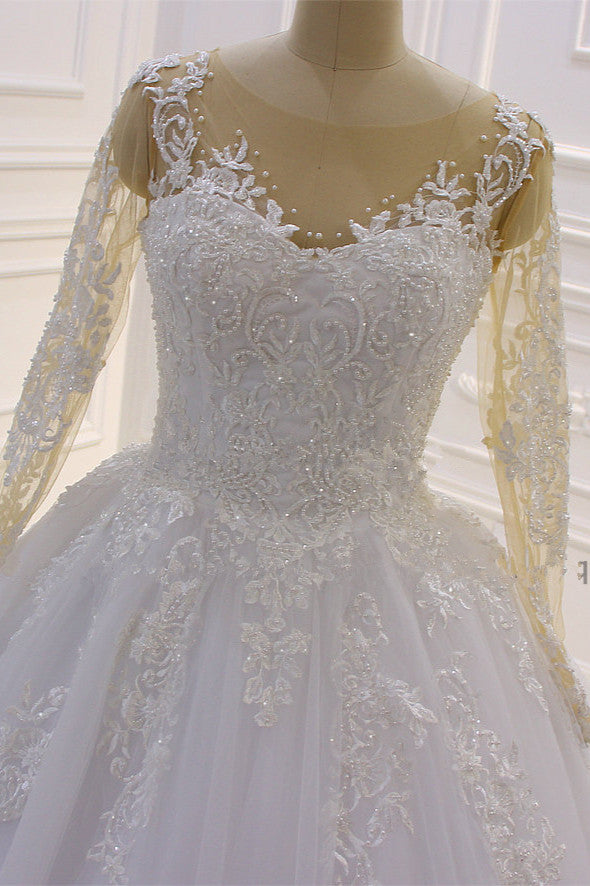 
                      
                        Bateau Long Sleeve Lace A-Line Wedding Dress with Pearls and Tulle Appliques
                      
                    