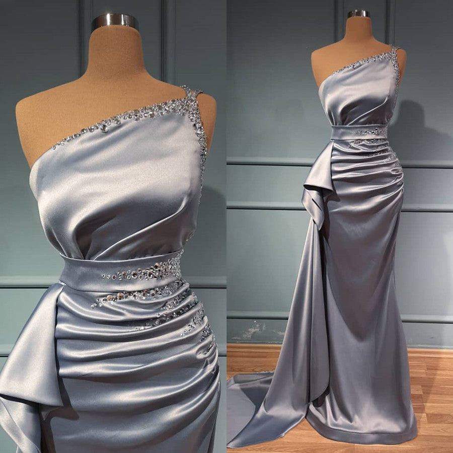 
                      
                        Shiny Silver One Shoulder Prom Dress with Belts Online
                      
                    