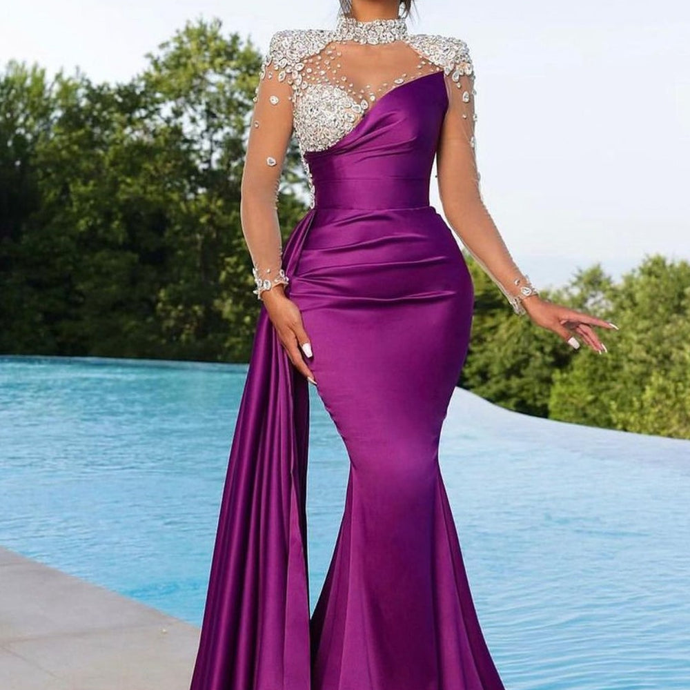 Long Purple Mermaid Prom Dress with Trail Beadings and Long Sleeves