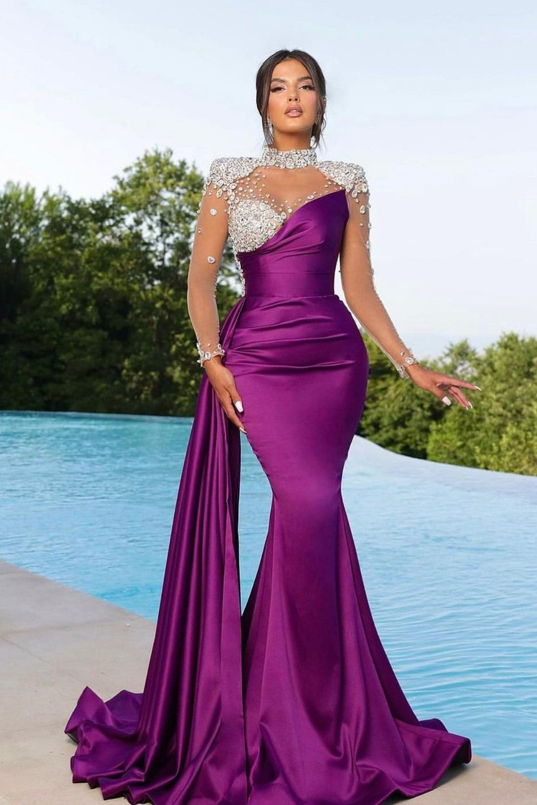 Long Purple Mermaid Prom Dress with Trail Beadings and Long Sleeves