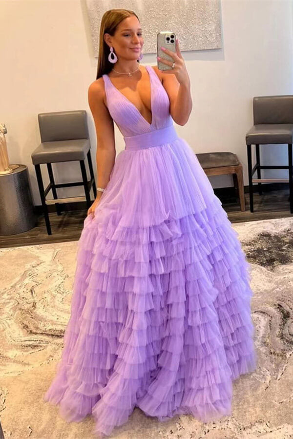 Elegant Lilac Sleeveless V-Neck Tulle Layers Prom Dress