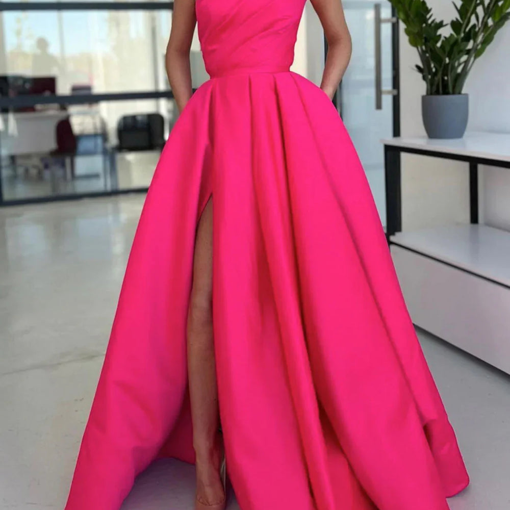 Simple One Shoulder Pink High Slit A-Line Pleated Formal Dress