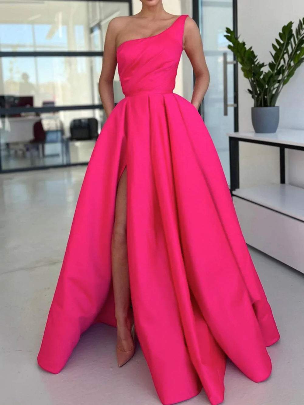 Simple One Shoulder Pink High Slit A-Line Pleated Formal Dress