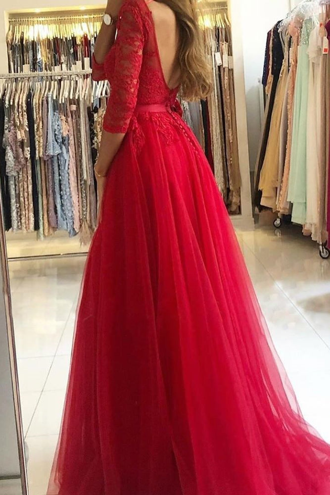 
                      
                        Long Sleeve A-Line Prom Dress with Lace and Split
                      
                    