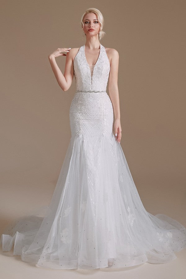 
                      
                        Elegant Long Mermaid Halter Tulle Floor-Length Wedding Dress with Lace Appliques
                      
                    