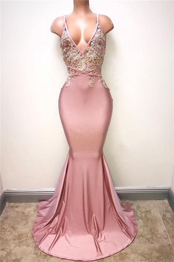 Pink Spaghetti-Straps Mermaid Long Prom Dress with Lace Appliques