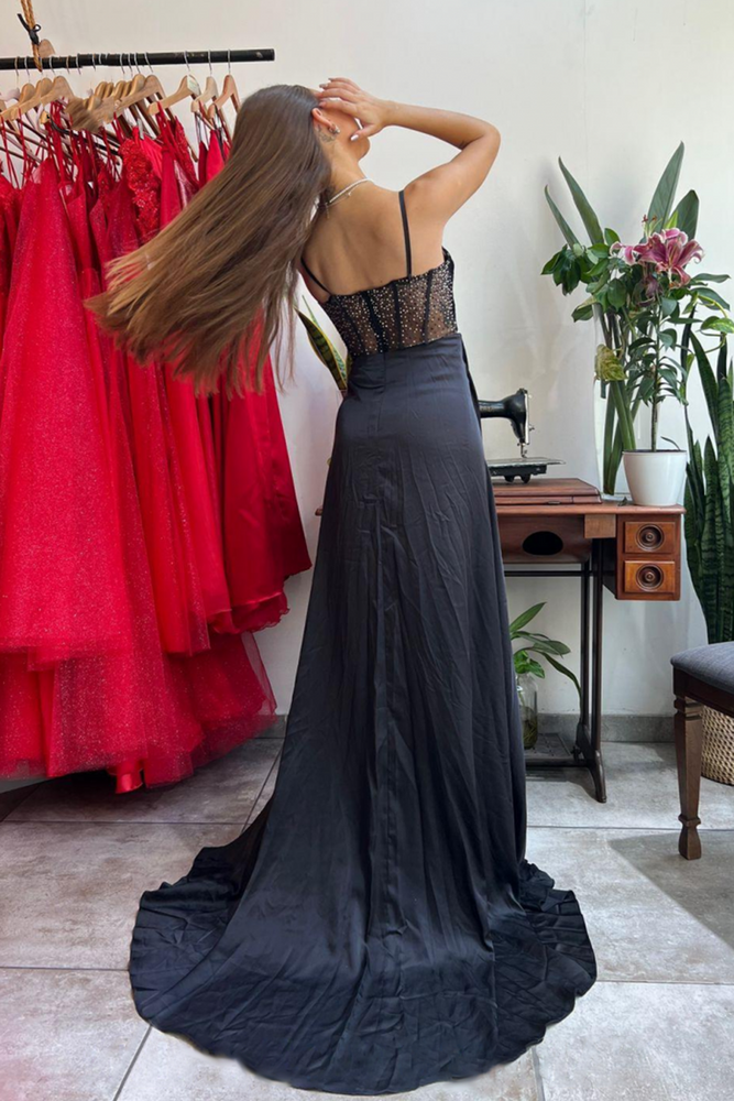 
                      
                        Black Long Prom Dress with Slit V-Neck with Pleats
                      
                    