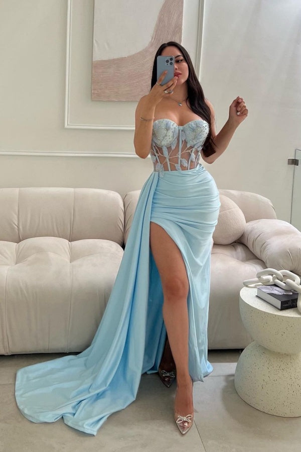 Baby Blue Sleeveless Prom Dress Long Lace Beaded Split