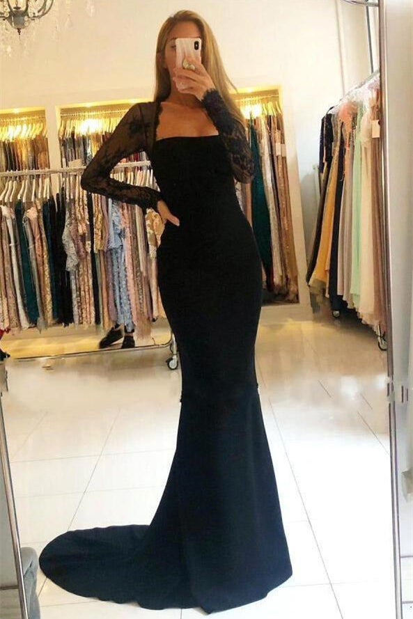 Black Long Sleeves Mermaid Lace Prom Dress