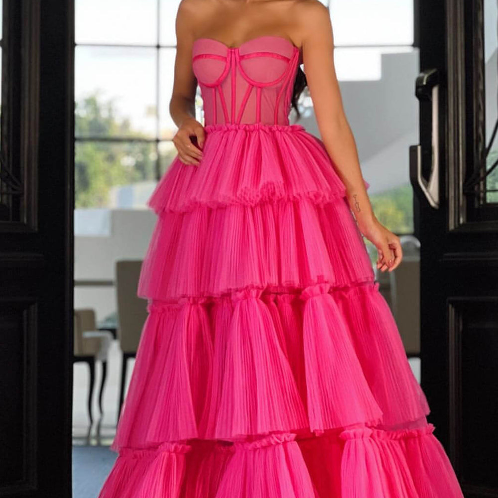 Elegant Hot Pink Sweetheart Sleeveless Layers Prom Dress