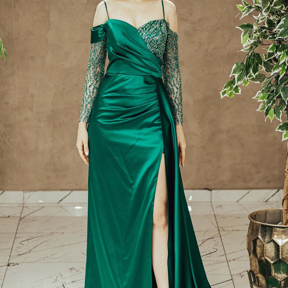 Emerald Spaghetti-Strap Off-the-Shoulder Sequined Prom Dress with Pleated Slit