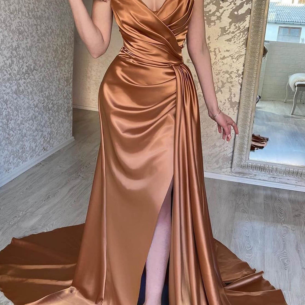 
                      
                        Brown Sweetheart Sleeveless Mermaid Prom Dress with Split and Ruffles
                      
                    