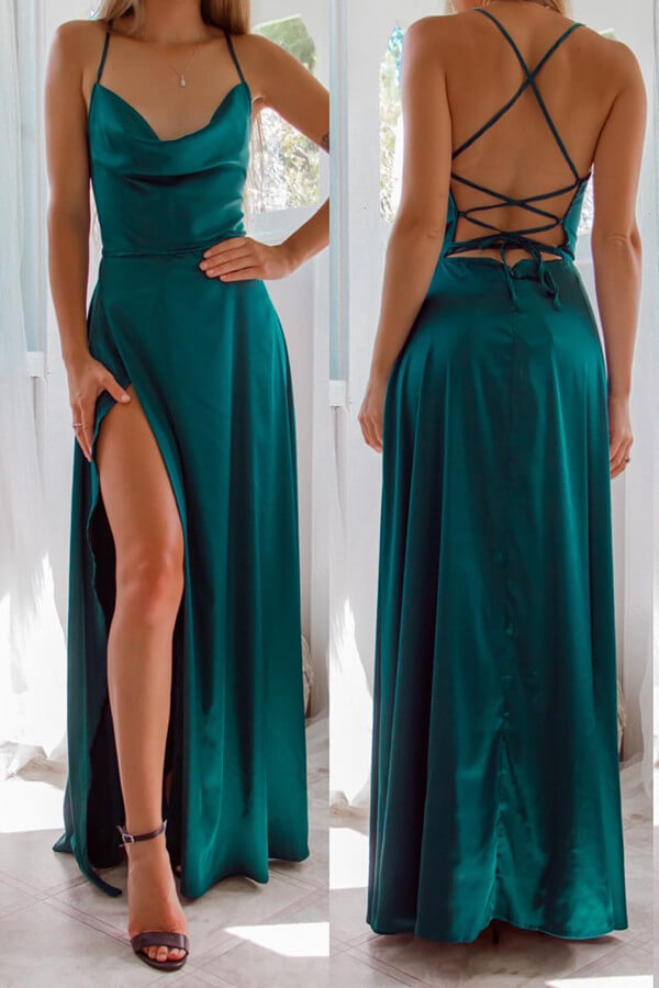 Dark Green Strapless Spaghetti-Straps Front Split Evening Dress Online