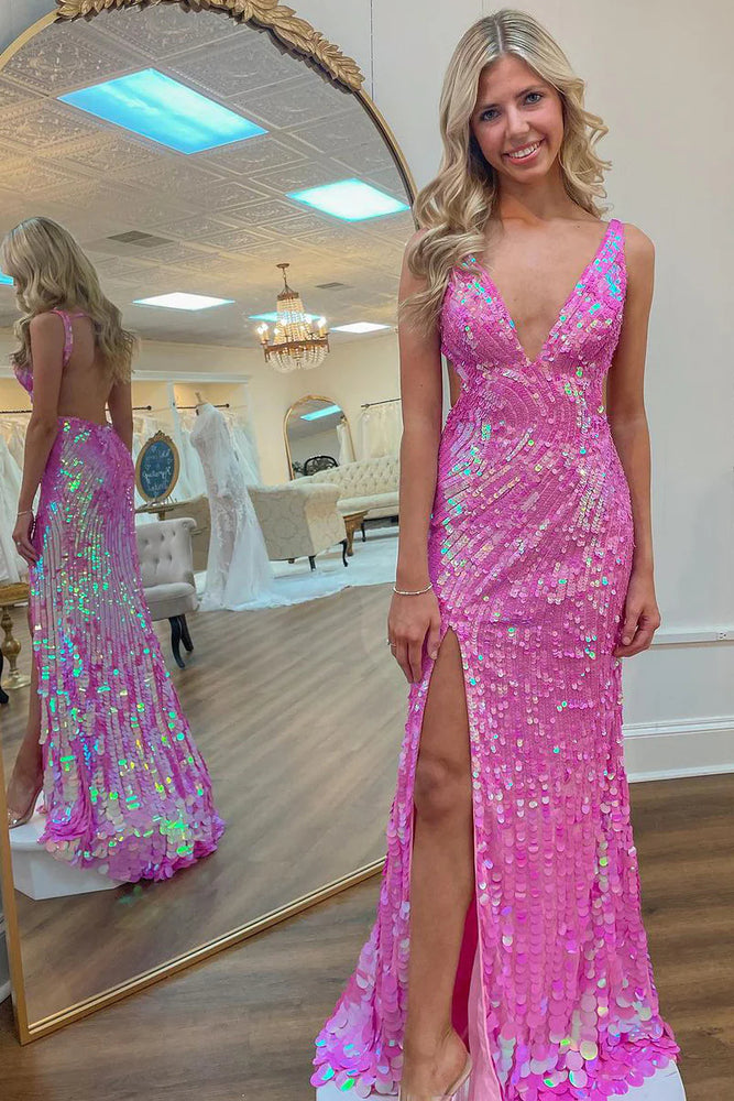 
                      
                        Pink Sequins V Neck Backless Sleeveless High Slit Prom Dress
                      
                    