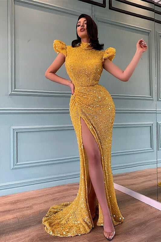 Yellow High Neck Beaded Mermaid Prom Dress with Split